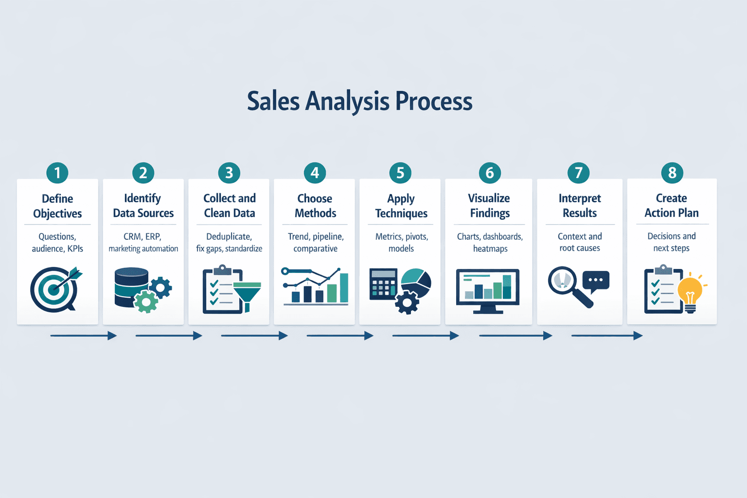 An eight-step horizontal illustrated guide for conducting a sales analysis, clean B2B instructional infographic style