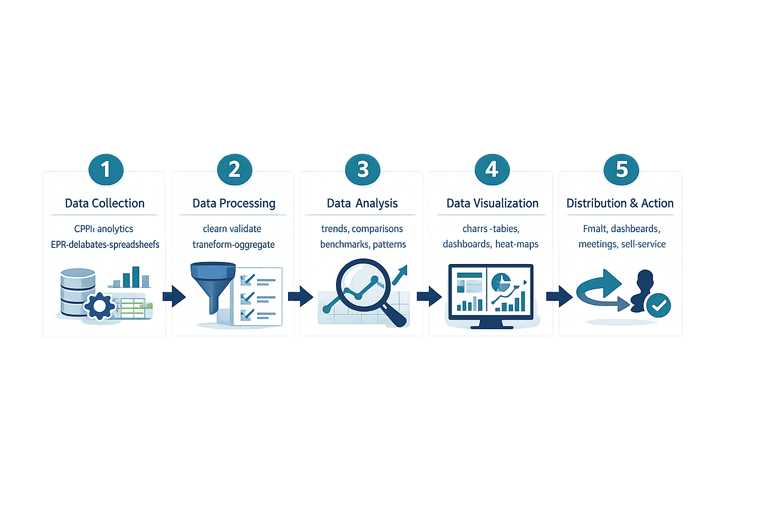A five-step horizontal illustrated guide for how reporting data works, clean B2B instructional infographic style