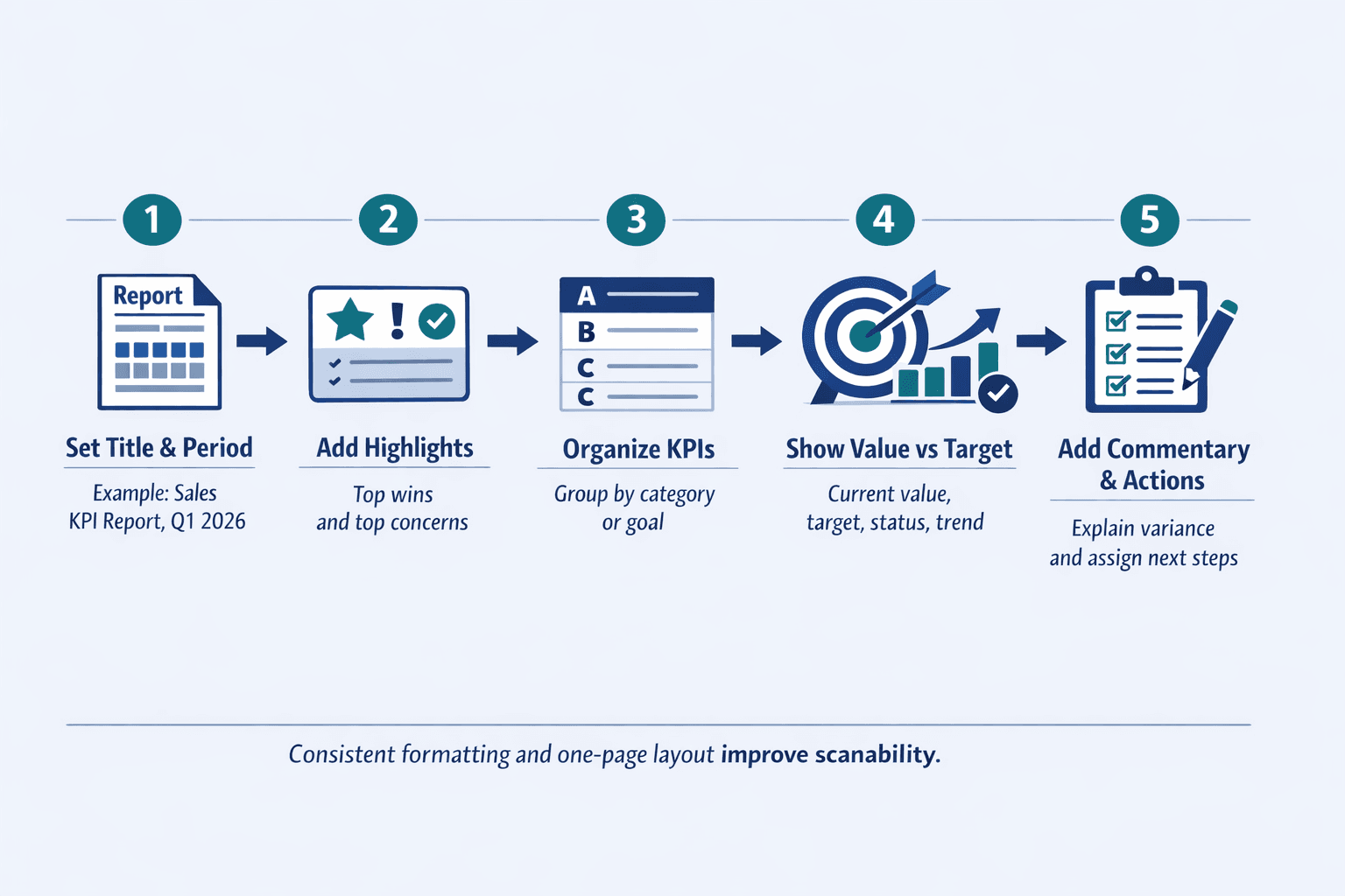 A five-step horizontal illustrated guide for structuring a KPI report, clean B2B instructional infographic style