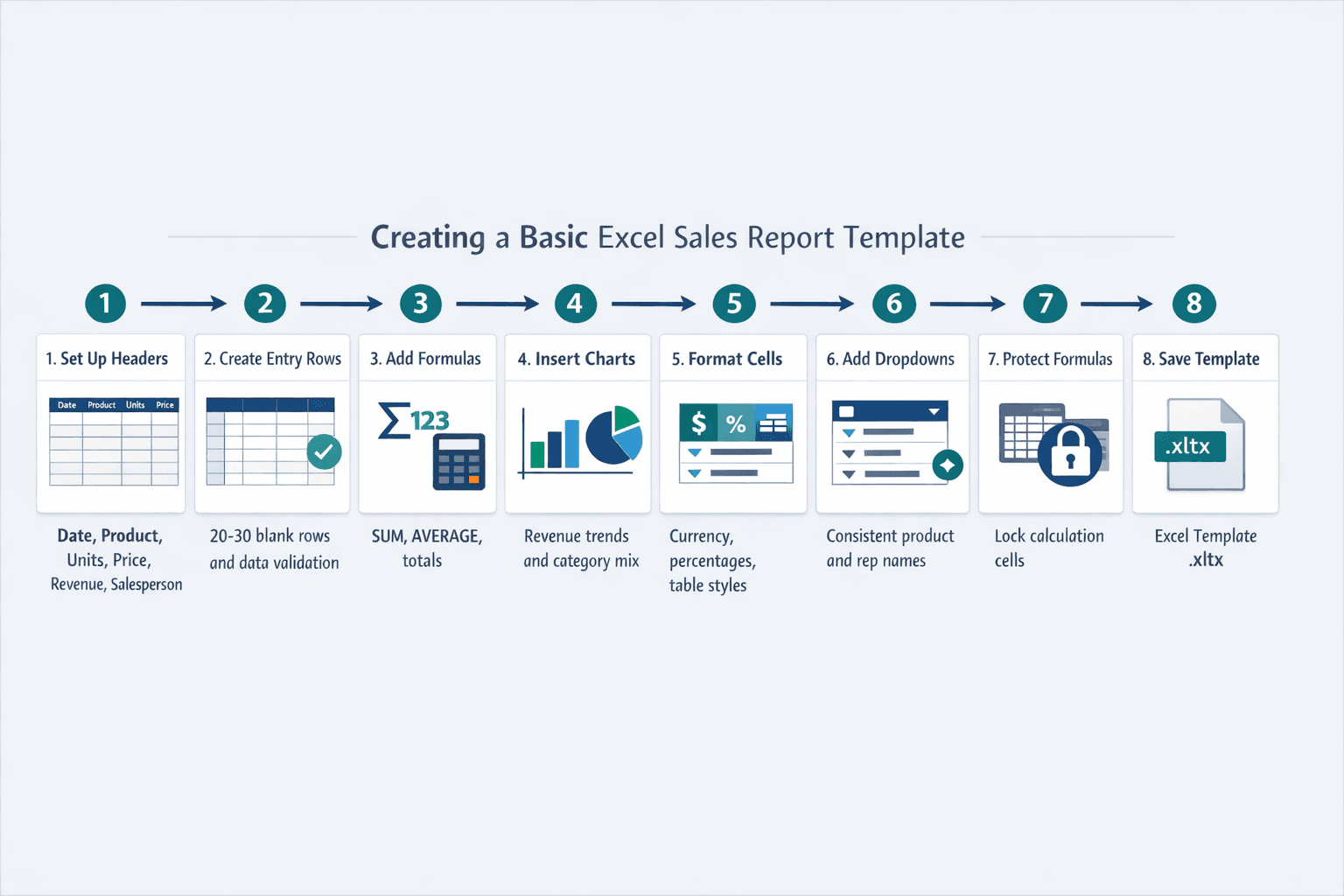 A detailed eight-step horizontal illustrated guide for creating a basic Excel sales report template, clean B2B instructional infographic style