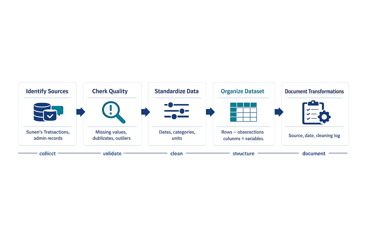 A detailed horizontal workflow diagram showing the data preparation process for a data analysis report, clean B2B SaaS infographic style