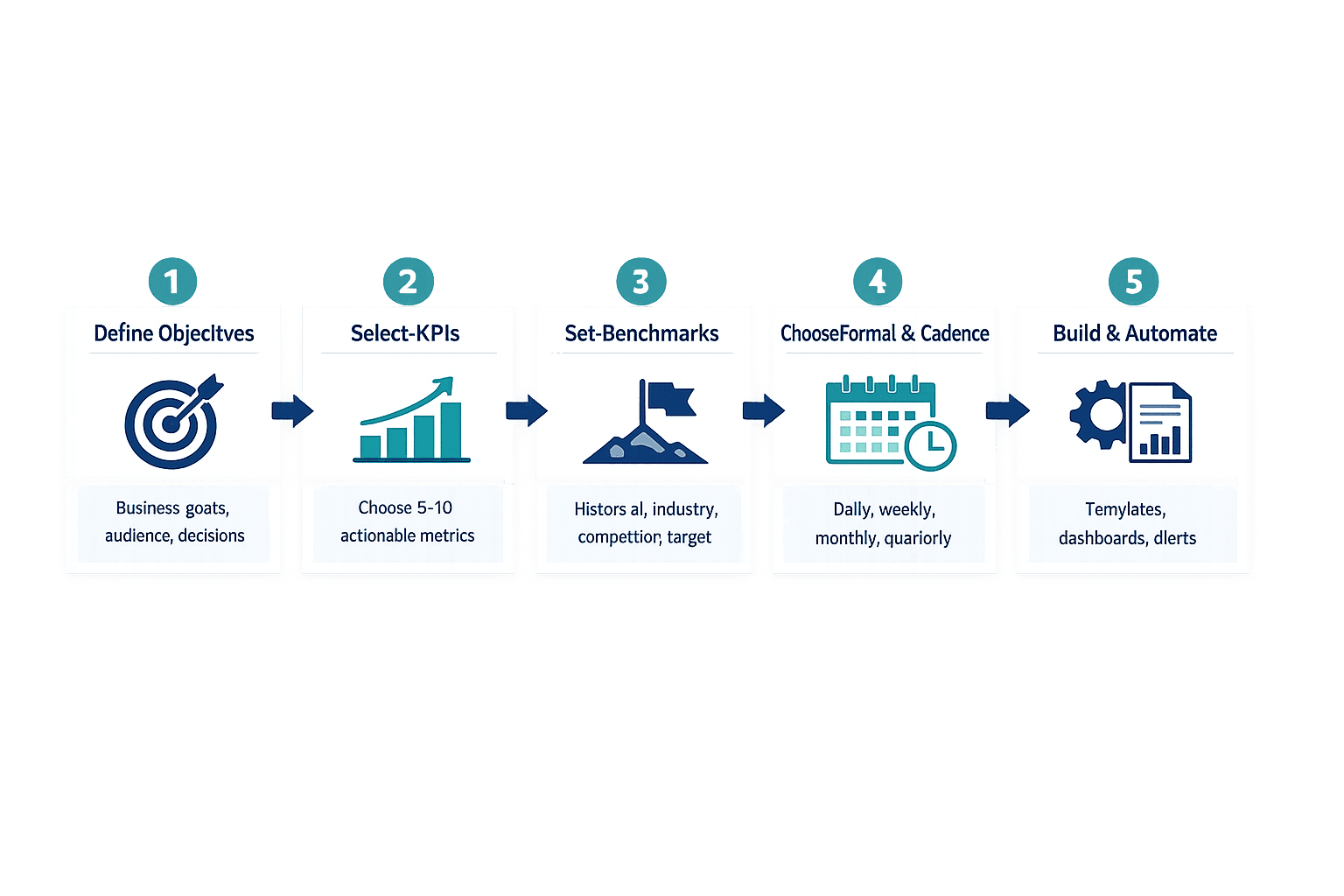 A five-step horizontal illustrated guide for creating a marketing KPI report, clean B2B instructional infographic style