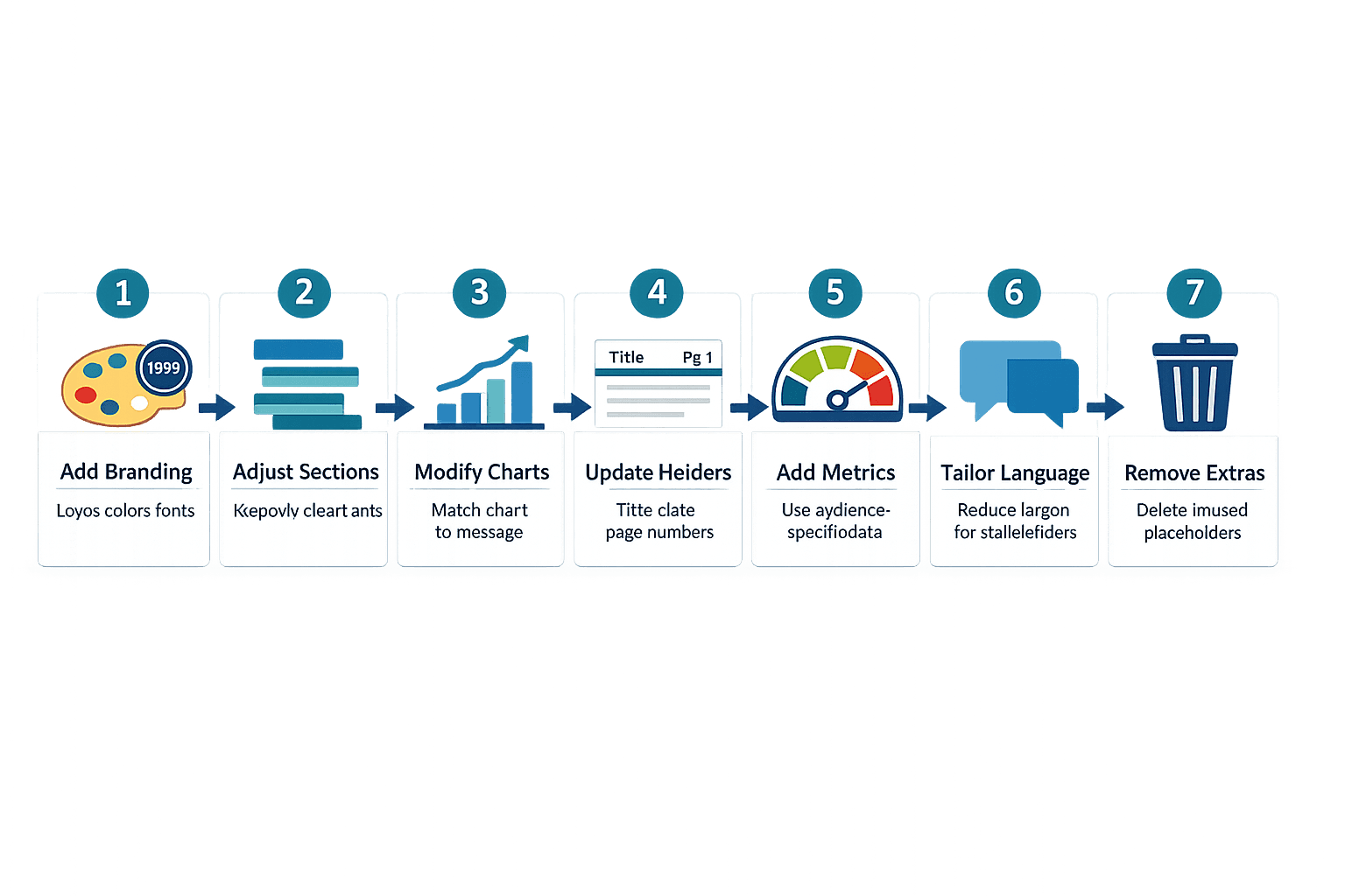 A seven-step horizontal illustrated guide for customizing a business report template, clean B2B instructional infographic style