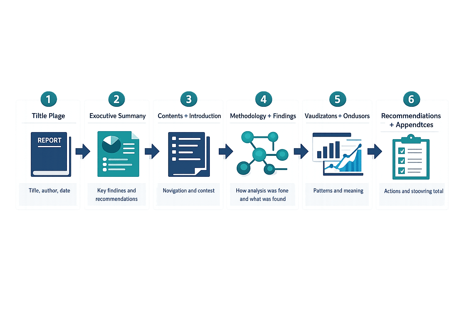 A step-by-step horizontal illustrated guide for structuring a data analysis report, clean B2B instructional infographic style