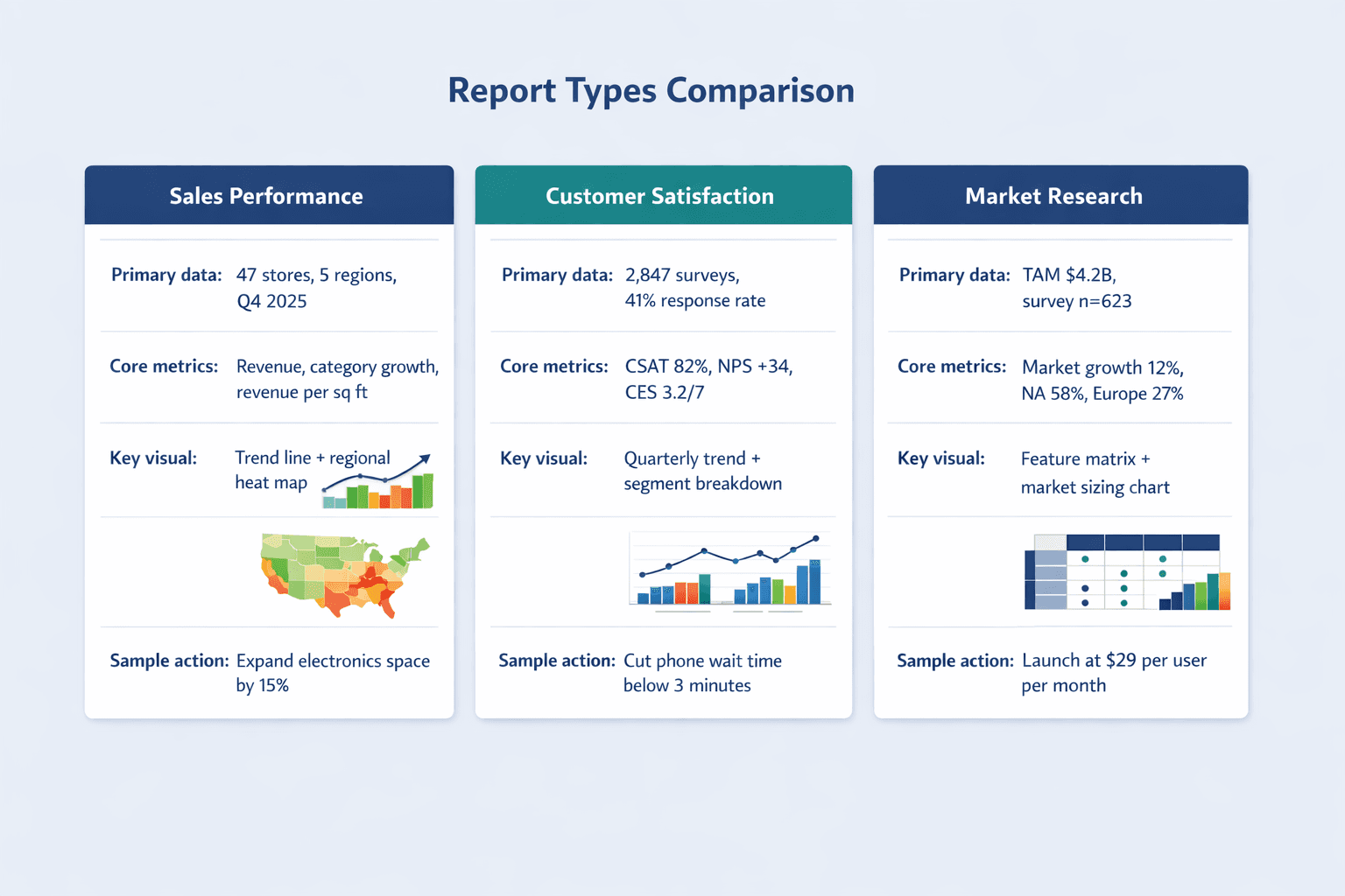A side-by-side comparison diagram showing three example data analysis report types, clean B2B SaaS infographic style